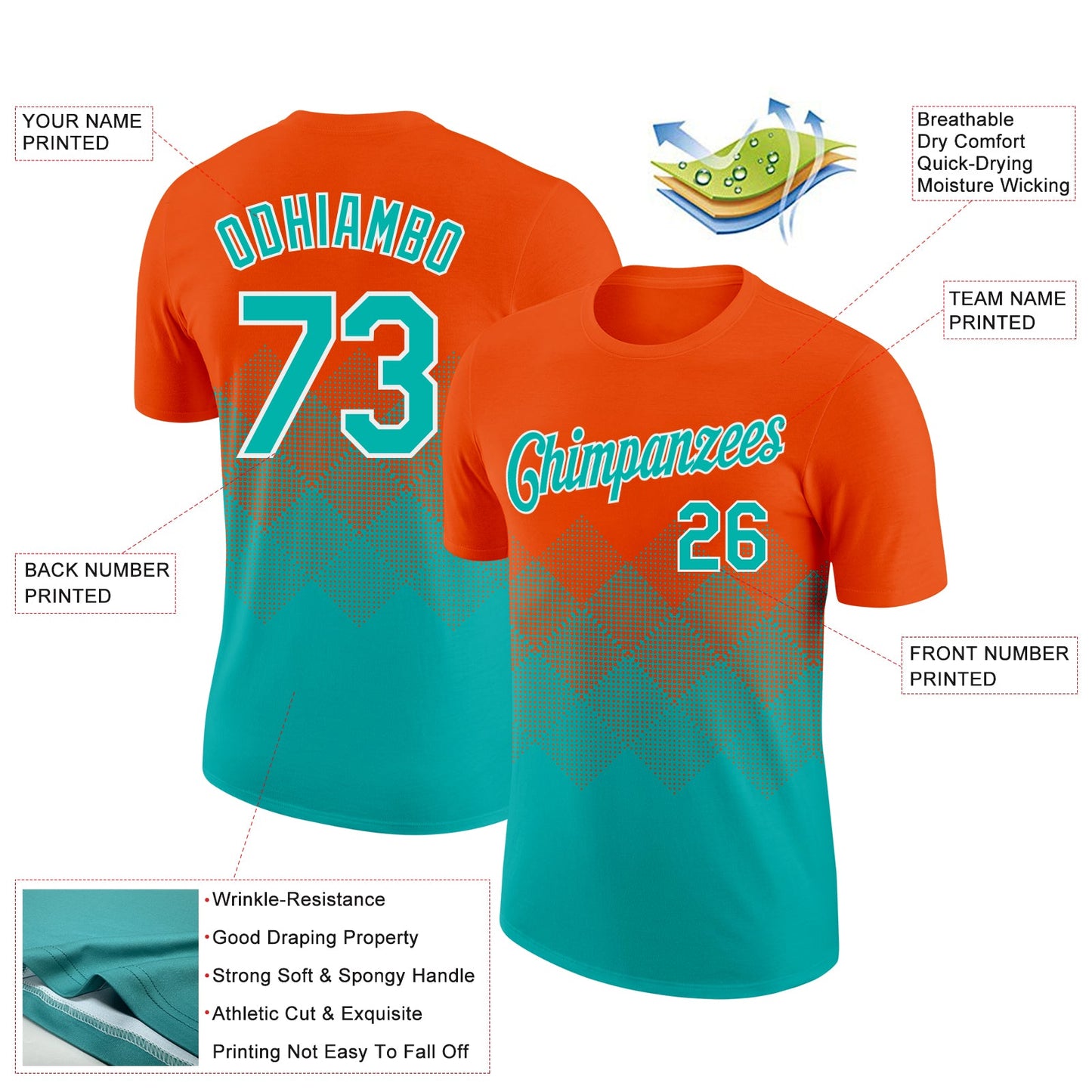 Custom Orange Aqua-White 3D Pattern Design Gradient Square Shapes Performance T-Shirt