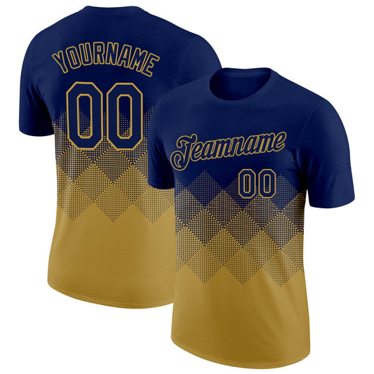 Custom Navy Old Gold 3D Pattern Design Gradient Square Shapes Performance T-Shirt