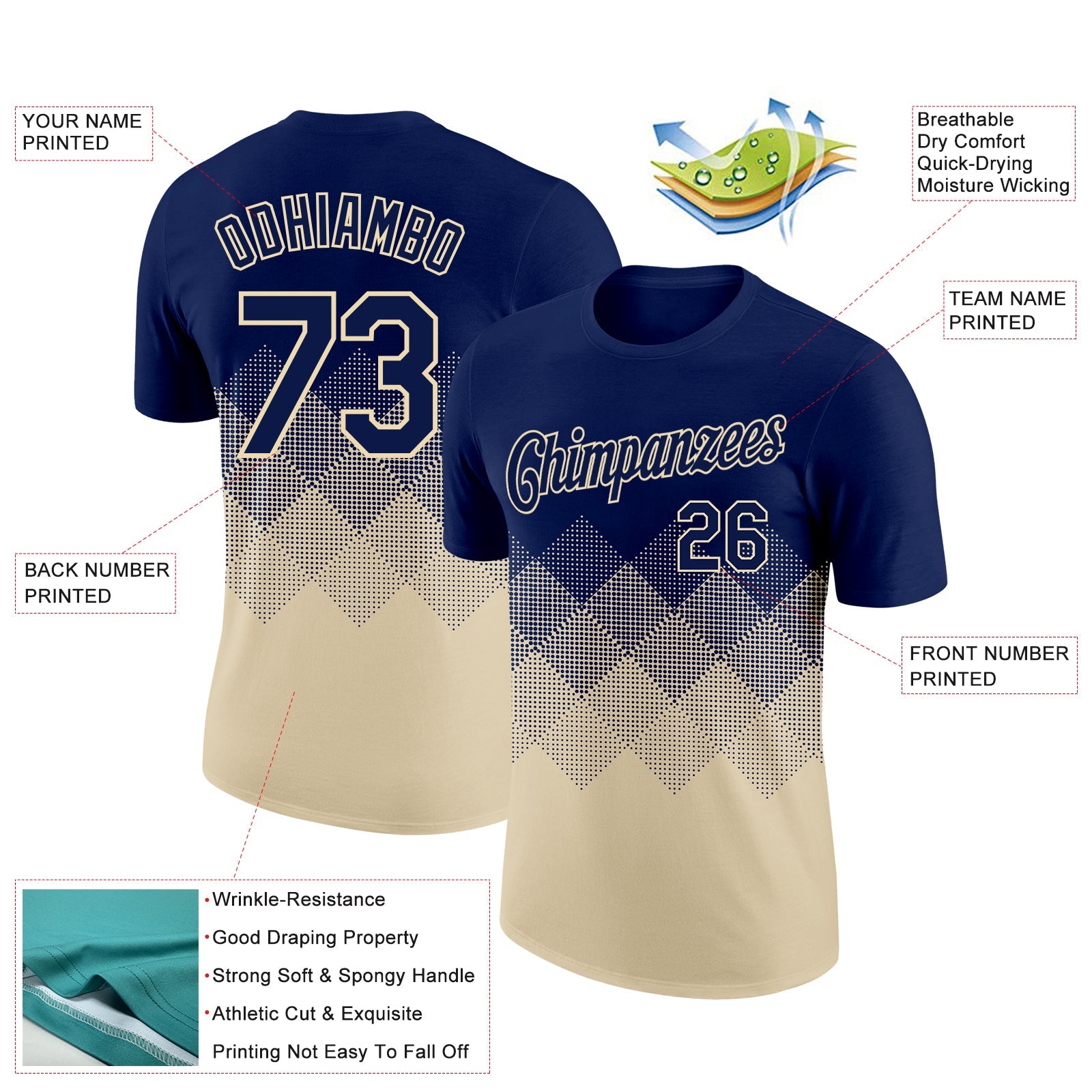 Custom Navy Cream 3D Pattern Design Gradient Square Shapes Performance T-Shirt