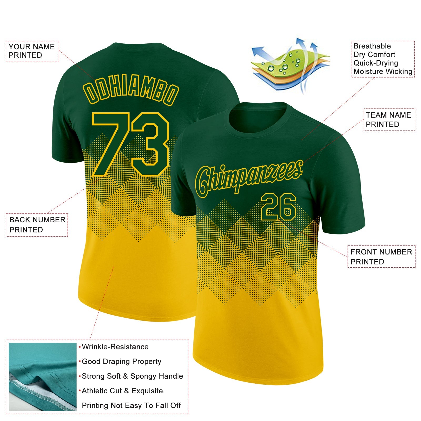 Custom Green Yellow 3D Pattern Design Gradient Square Shapes Performance T-Shirt