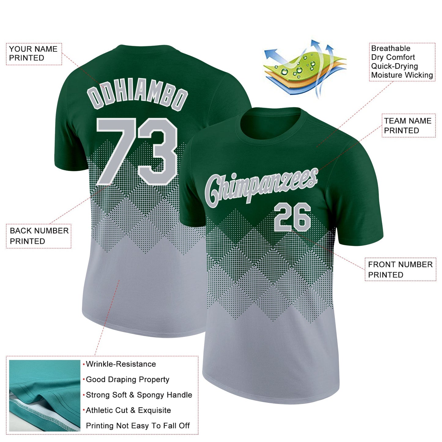 Custom Green Gray-White 3D Pattern Design Gradient Square Shapes Performance T-Shirt