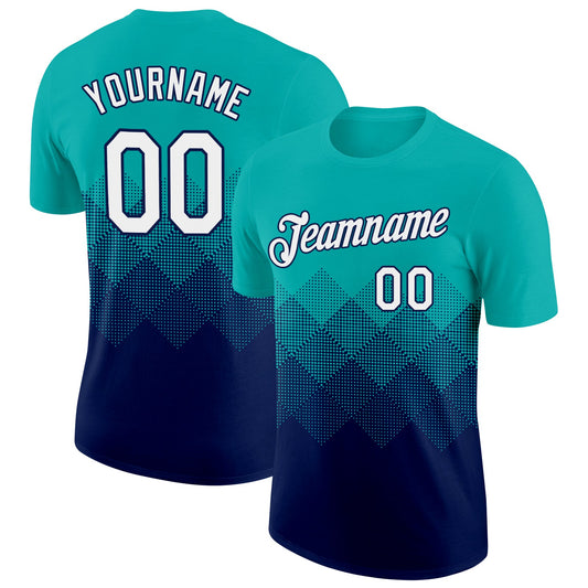 Custom Aqua White-Navy 3D Pattern Design Gradient Square Shapes Performance T-Shirt
