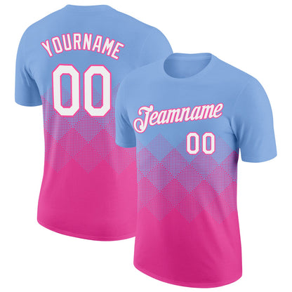 Custom Light Blue White-Pink 3D Pattern Design Gradient Square Shapes Performance T-Shirt