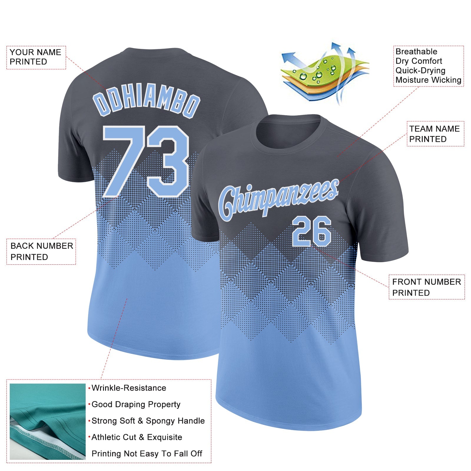 Custom Steel Gray Light Blue-White 3D Pattern Design Gradient Square Shapes Performance T-Shirt