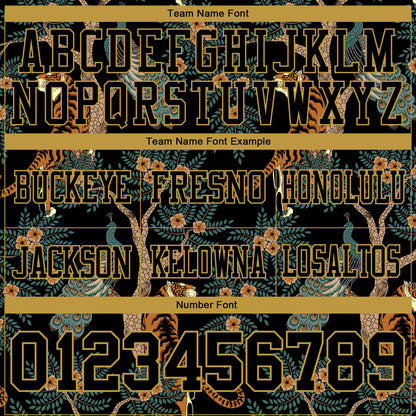 Custom Black Old Gold 3D Pattern Tiger And Peacock Authentic Football Jersey