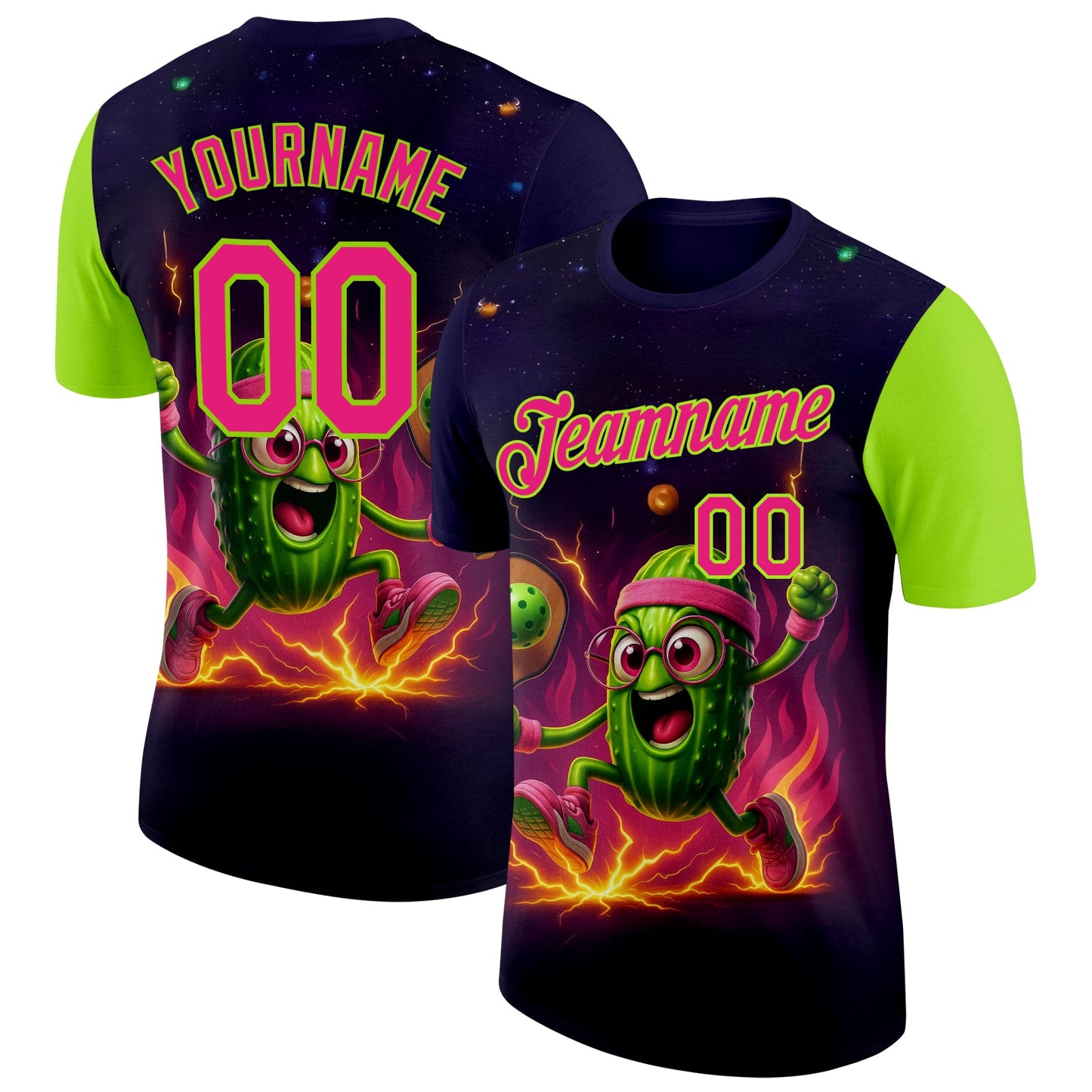 Custom Blue Hot Pink-Neon Green 3D Funny Pickleball Paddles Balls Performance T-Shirt