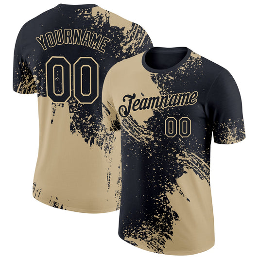 Custom Black Vegas Gold 3D Pattern Design Abstract Brush Stroke Performance T-Shirt