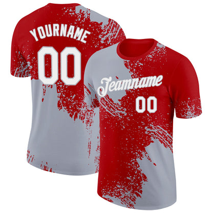 Custom Red White-Gray 3D Pattern Design Abstract Brush Stroke Performance T-Shirt