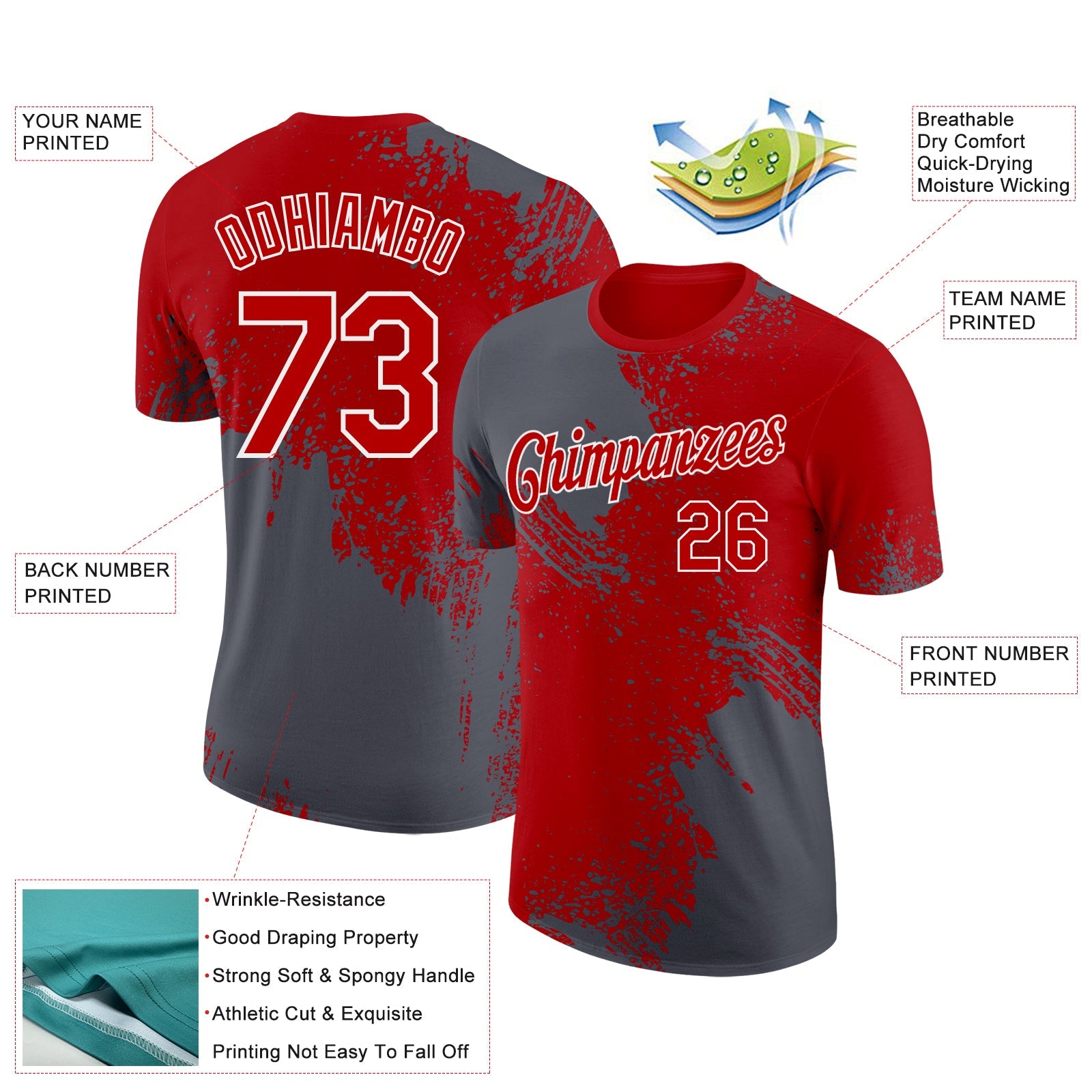 Custom Red Steel Gray-White 3D Pattern Design Abstract Brush Stroke Performance T-Shirt