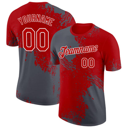 Custom Red Steel Gray-White 3D Pattern Design Abstract Brush Stroke Performance T-Shirt