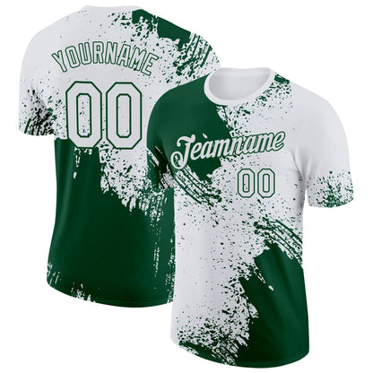 Custom White Green 3D Pattern Design Abstract Brush Stroke Performance T-Shirt