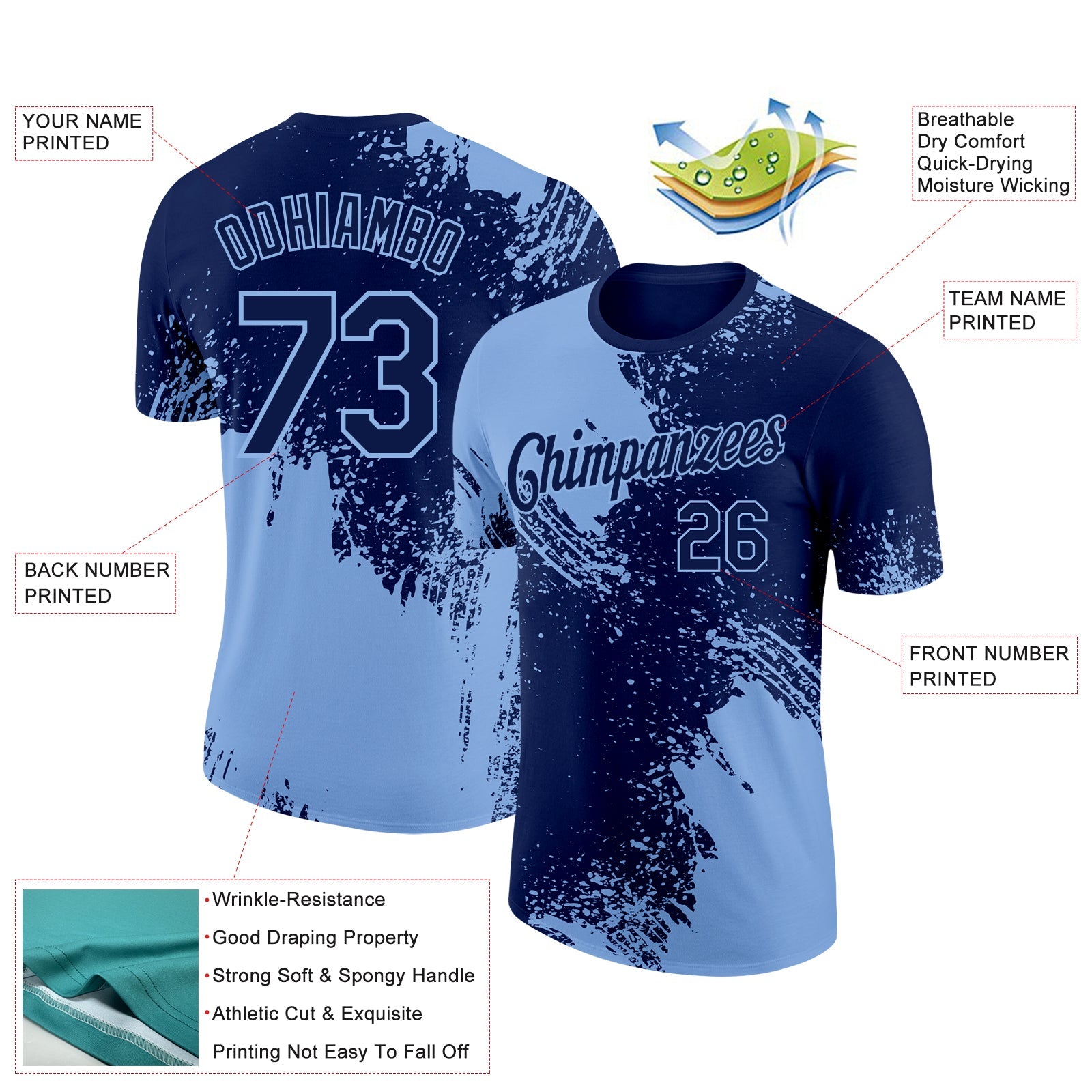 Custom Navy Light Blue 3D Pattern Design Abstract Brush Stroke Performance T-Shirt