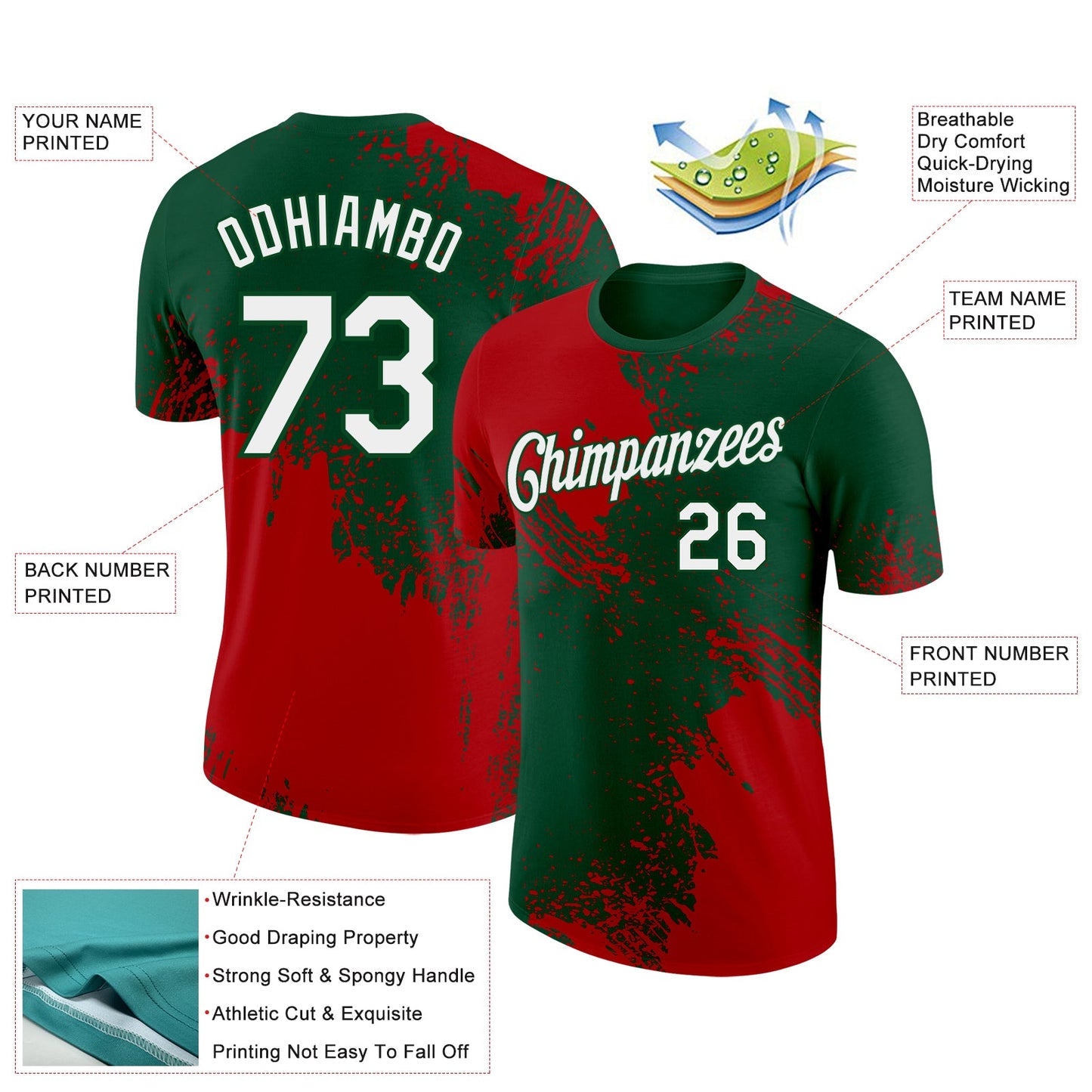 Custom Green White-Red 3D Pattern Design Abstract Brush Stroke Performance T-Shirt