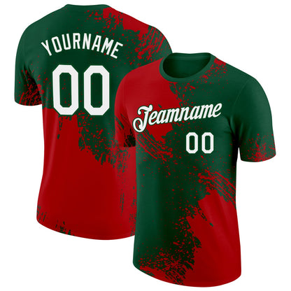 Custom Green White-Red 3D Pattern Design Abstract Brush Stroke Performance T-Shirt