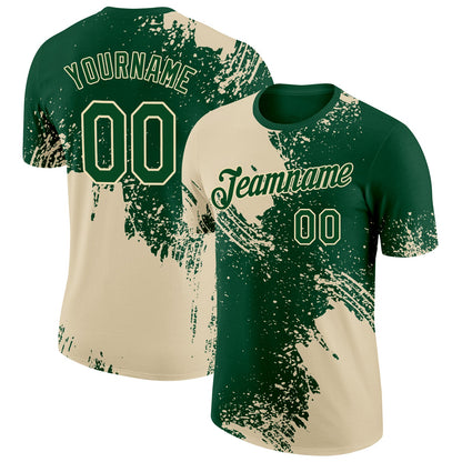 Custom Green Cream 3D Pattern Design Abstract Brush Stroke Performance T-Shirt