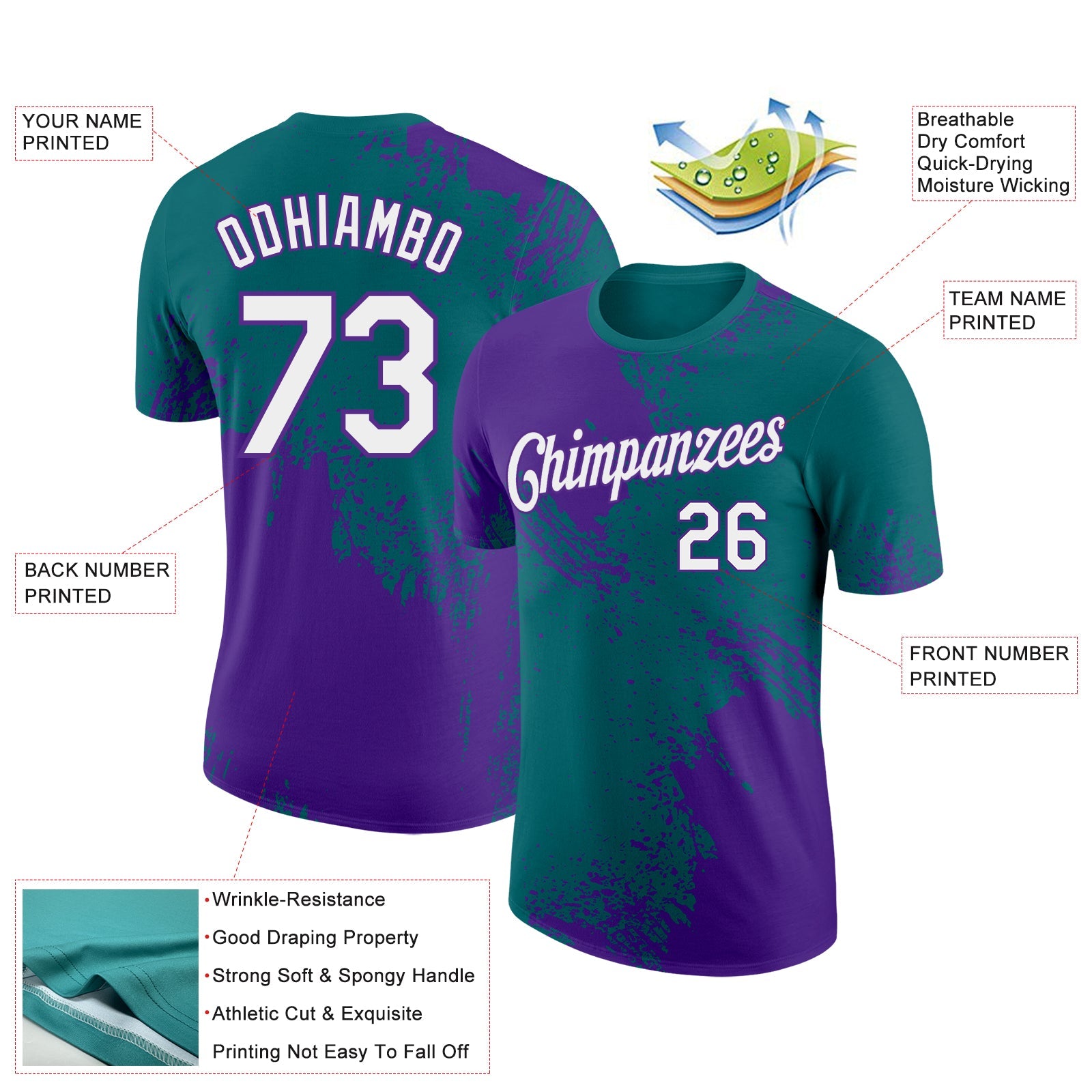 Custom Teal White-Purple 3D Pattern Design Abstract Brush Stroke Performance T-Shirt