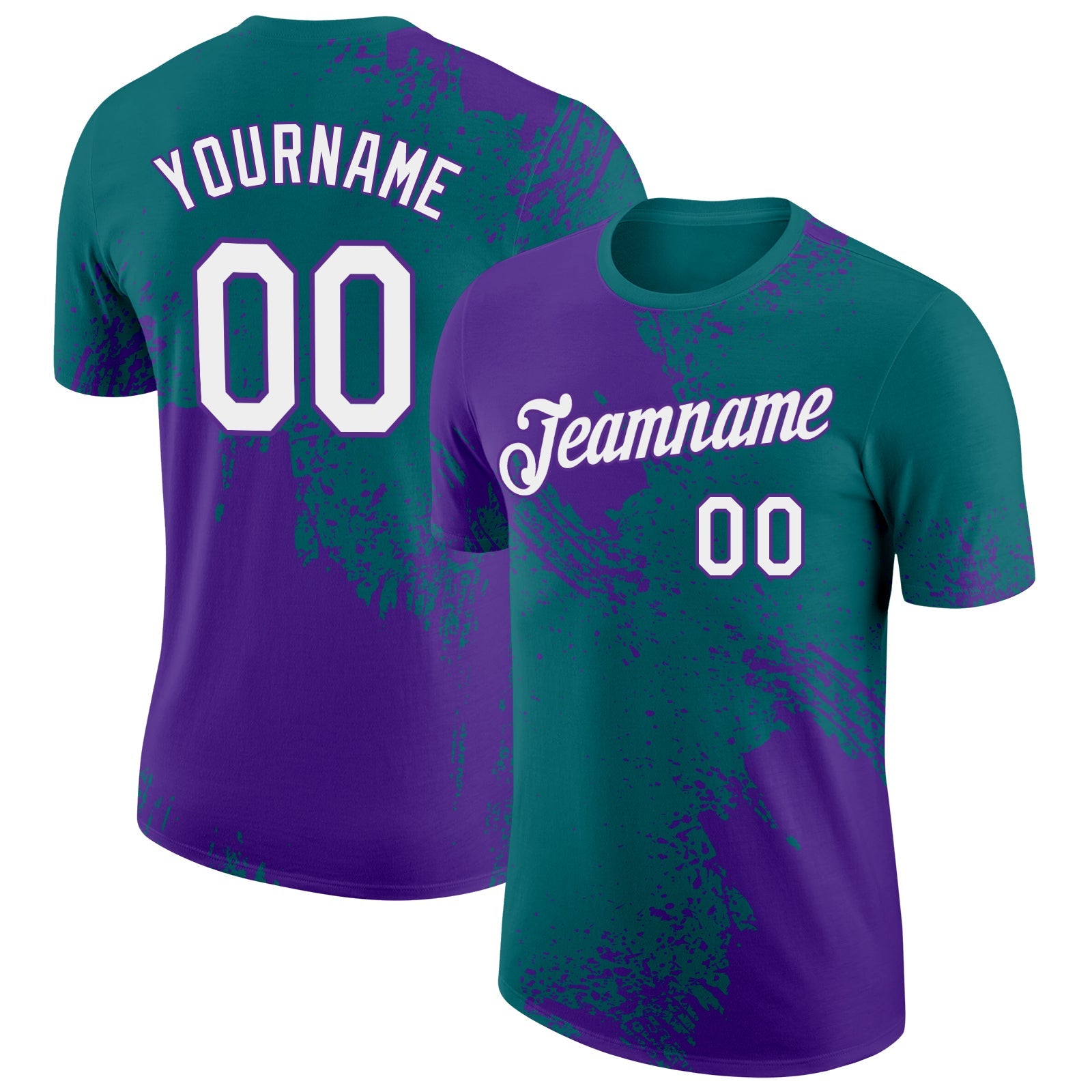 Custom Teal White-Purple 3D Pattern Design Abstract Brush Stroke Performance T-Shirt