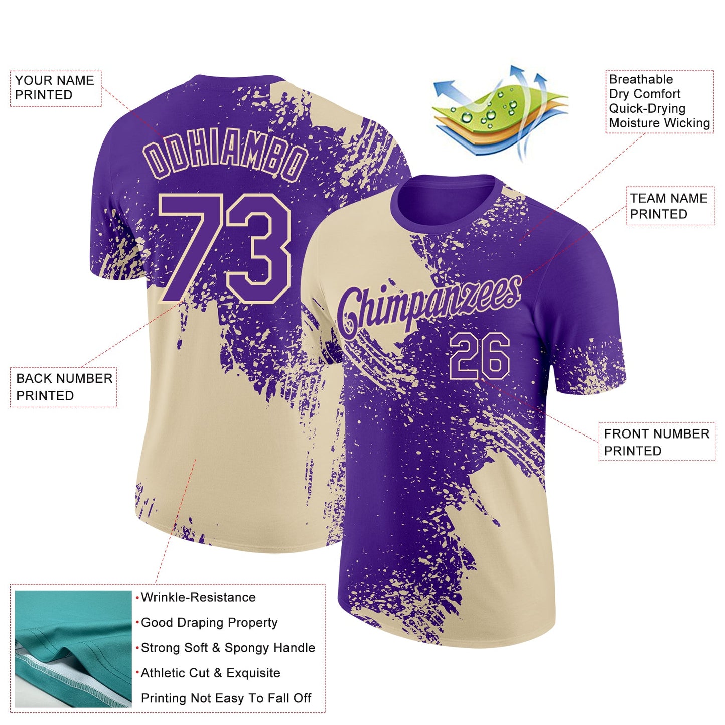 Custom Purple Cream 3D Pattern Design Abstract Brush Stroke Performance T-Shirt