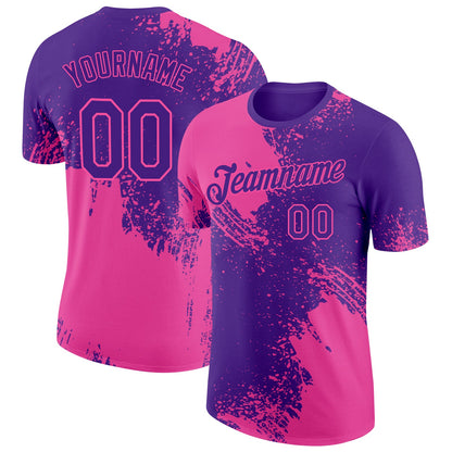 Custom Purple Pink 3D Pattern Design Abstract Brush Stroke Performance T-Shirt