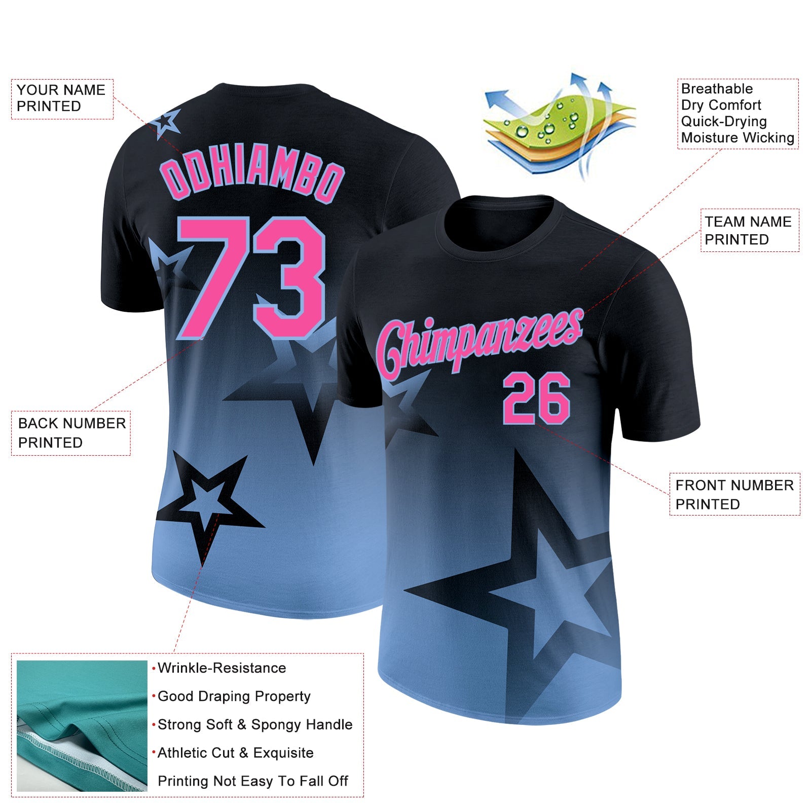 Custom Black Pink-Light Blue 3D Pattern Design Gradient Style Twinkle Star Performance T-Shirt