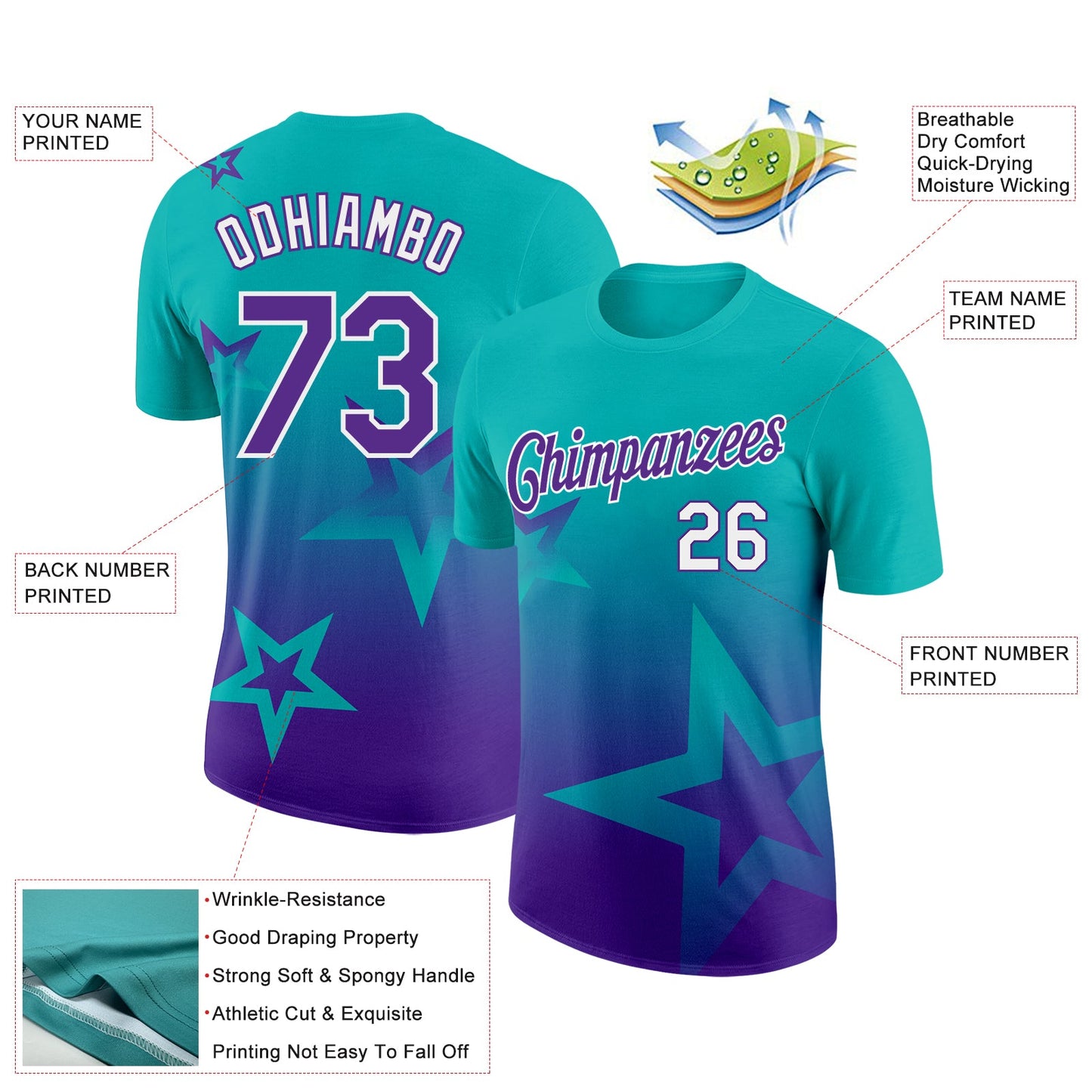 Custom Aqua Purple-White 3D Pattern Design Gradient Style Twinkle Star Performance T-Shirt
