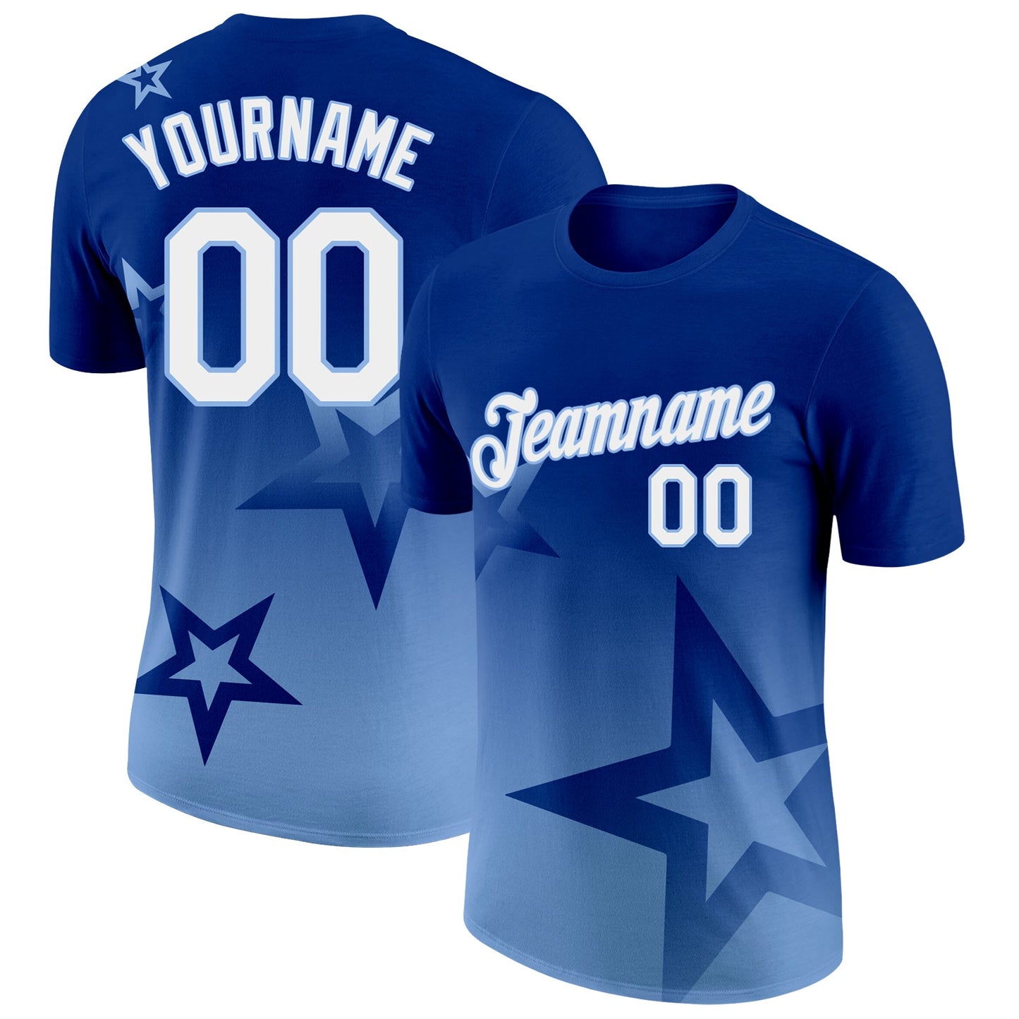 Custom Royal White-Light Blue 3D Pattern Design Gradient Style Twinkle Star Performance T-Shirt