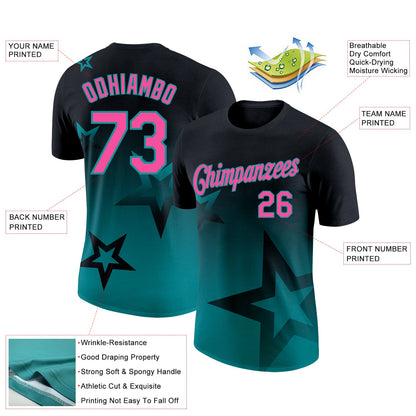 Custom Black Pink-Teal 3D Pattern Design Gradient Style Twinkle Star Performance T-Shirt