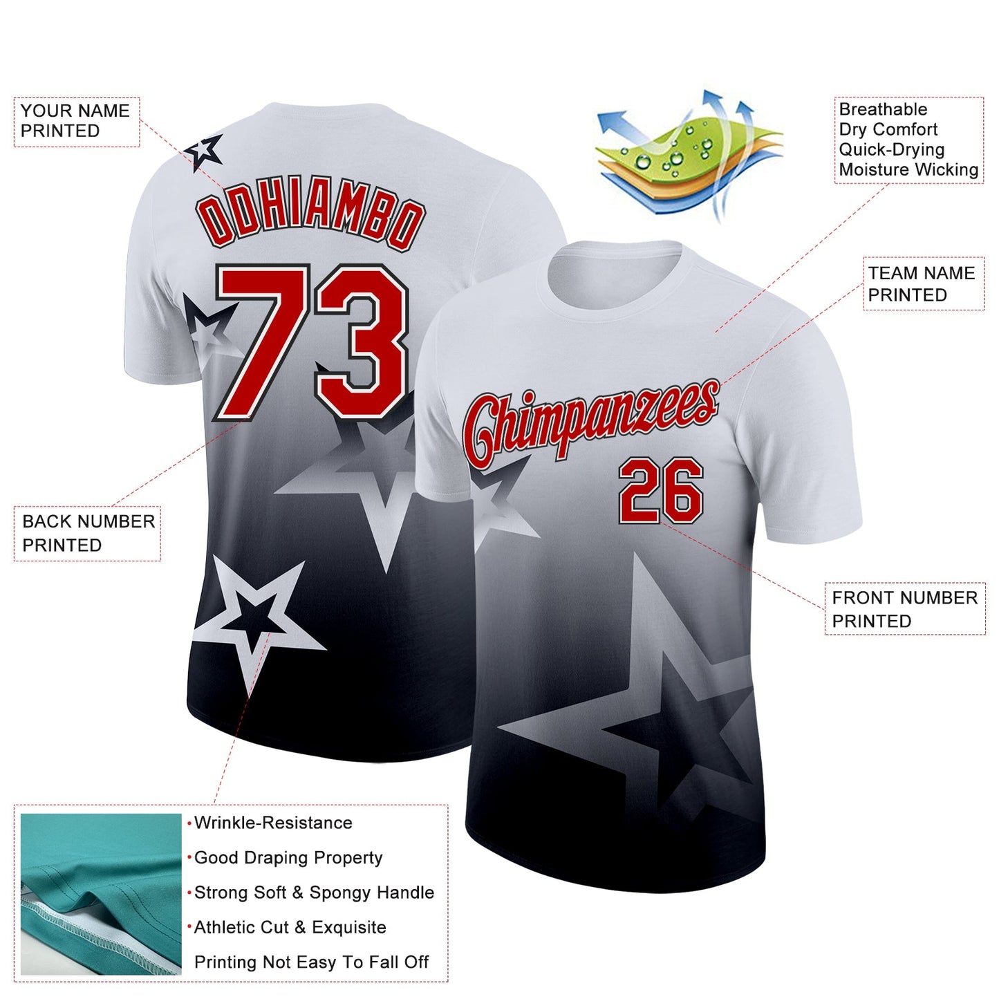 Custom White Red-Black 3D Pattern Design Gradient Style Twinkle Star Performance T-Shirt