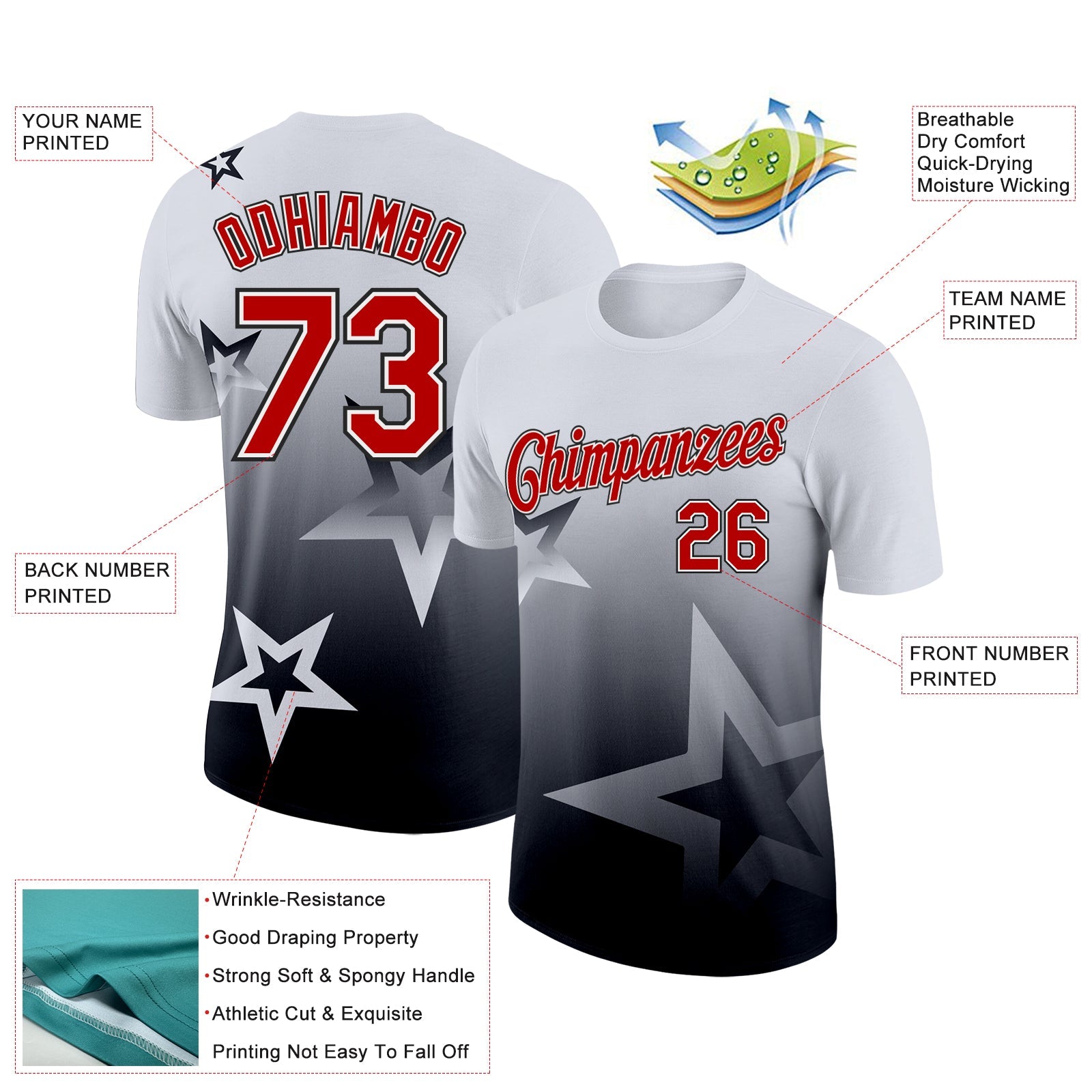 Custom White Red-Black 3D Pattern Design Gradient Style Twinkle Star Performance T-Shirt
