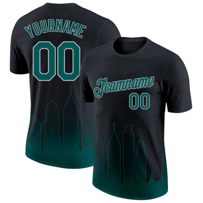 Custom Black Midnight Green-Gray 3D Philadelphia City Edition Fade Fashion Performance T-Shirt