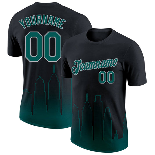 Custom Black Midnight Green-Gray 3D Philadelphia City Edition Fade Fashion Performance T-Shirt