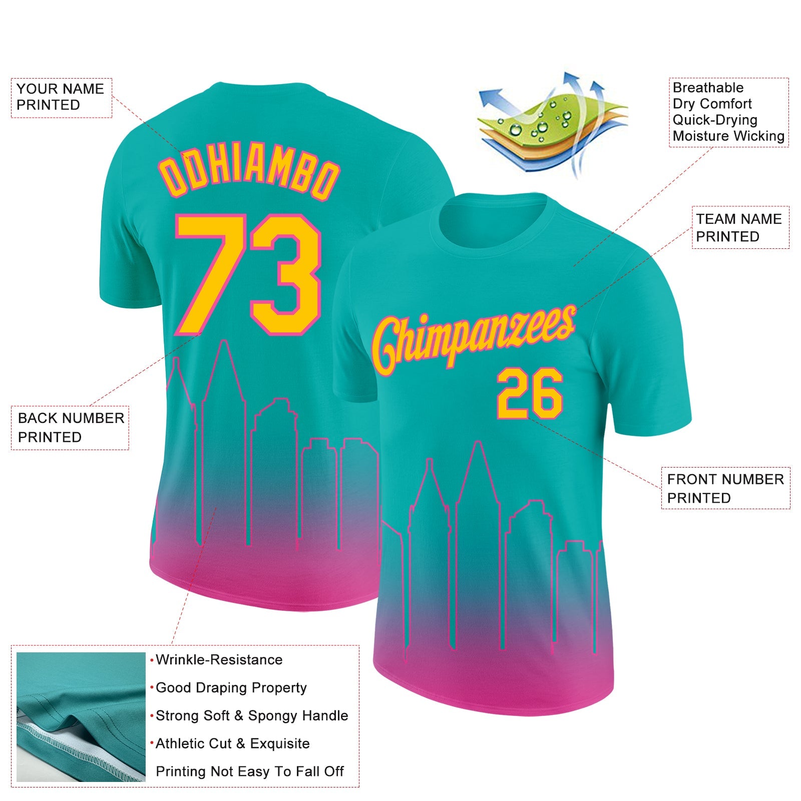 Custom Aqua Yellow-Pink 3D San Diego City Edition Fade Fashion Performance T-Shirt