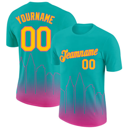 Custom Aqua Yellow-Pink 3D San Diego City Edition Fade Fashion Performance T-Shirt