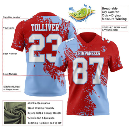 Custom Red White-Light Blue 3D Pattern Abstract Brush Stroke Authentic Football Jersey
