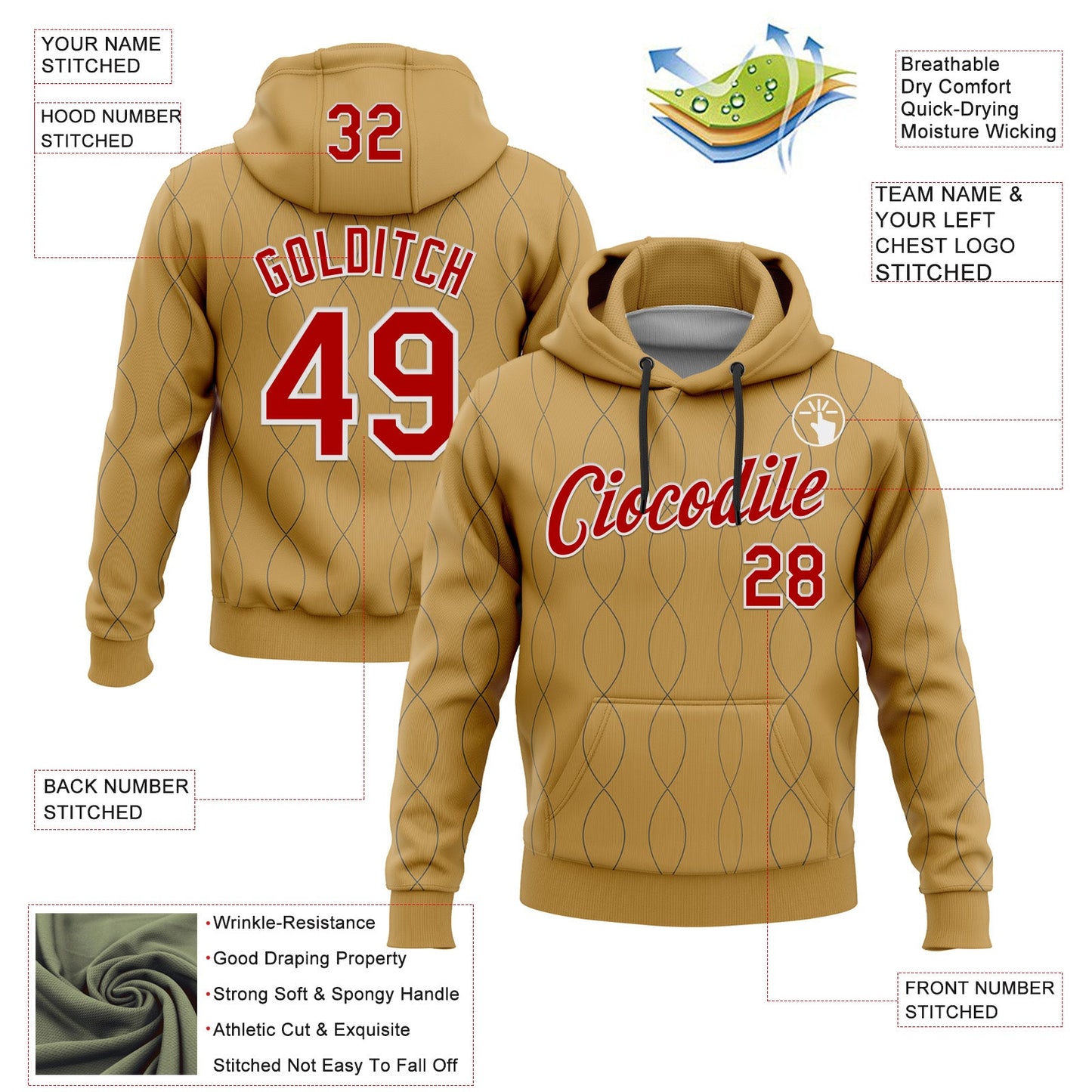 Custom Stitched Old Gold Red Steel Gray-White 3D Pattern Design Curve Line Geometric Shape Sports Pullover Sweatshirt Hoodie