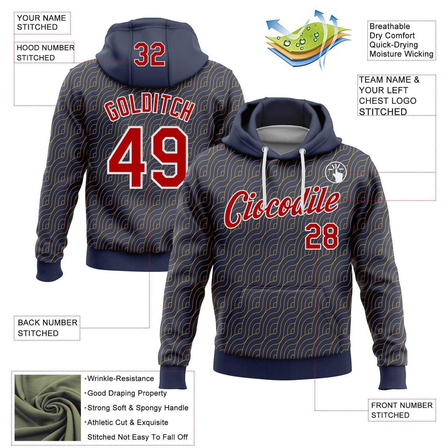 Custom Stitched Navy Red Gold-White 3D Pattern Design Wave Geometric Shape Sports Pullover Sweatshirt Hoodie