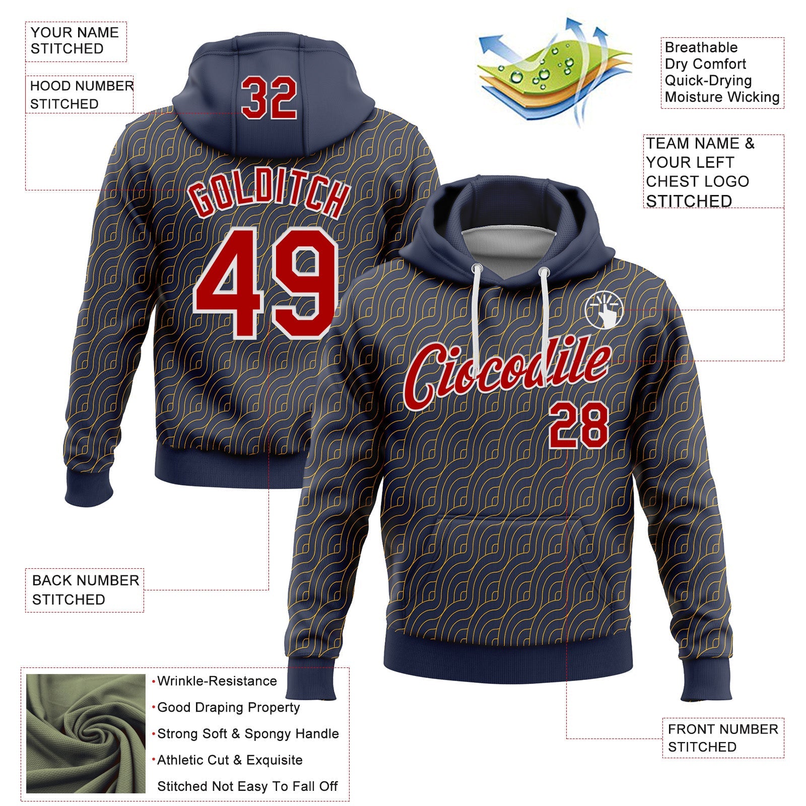 Custom Stitched Navy Red Gold-White 3D Pattern Design Wave Geometric Shape Sports Pullover Sweatshirt Hoodie
