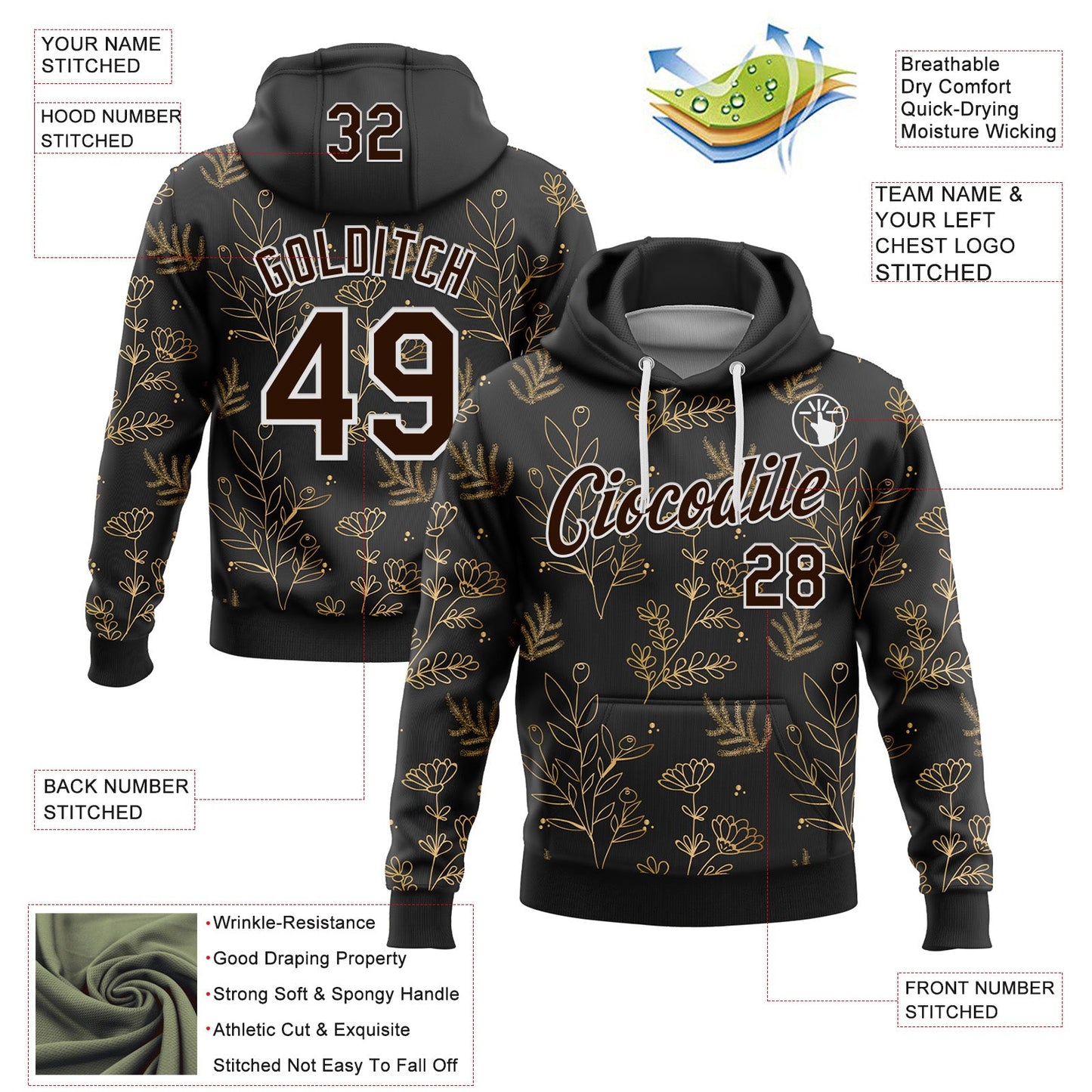 Custom Stitched Black Brown-White 3D Pattern Design Golden Subtle Floral Sports Pullover Sweatshirt Hoodie