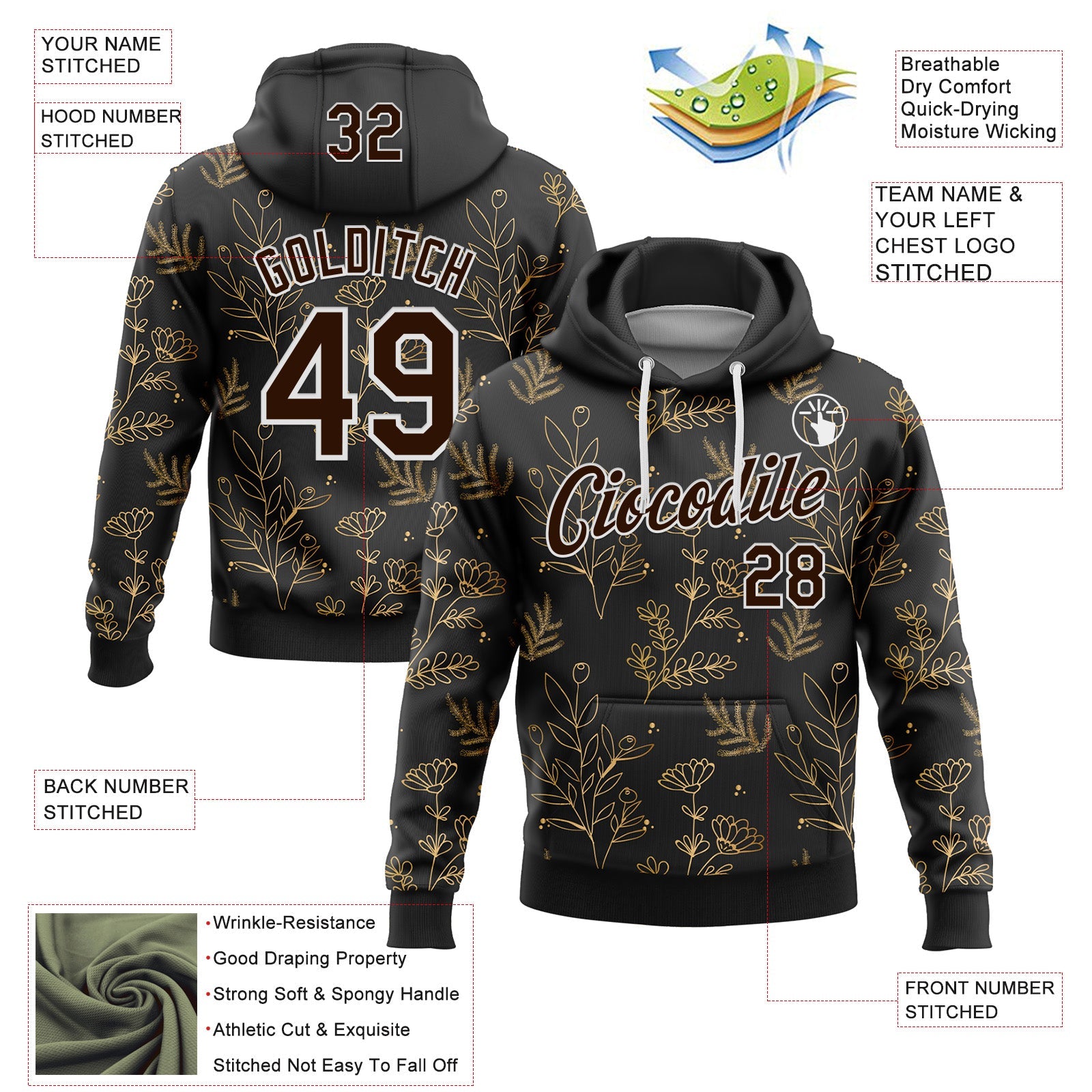 Custom Stitched Black Brown-White 3D Pattern Design Golden Subtle Floral Sports Pullover Sweatshirt Hoodie