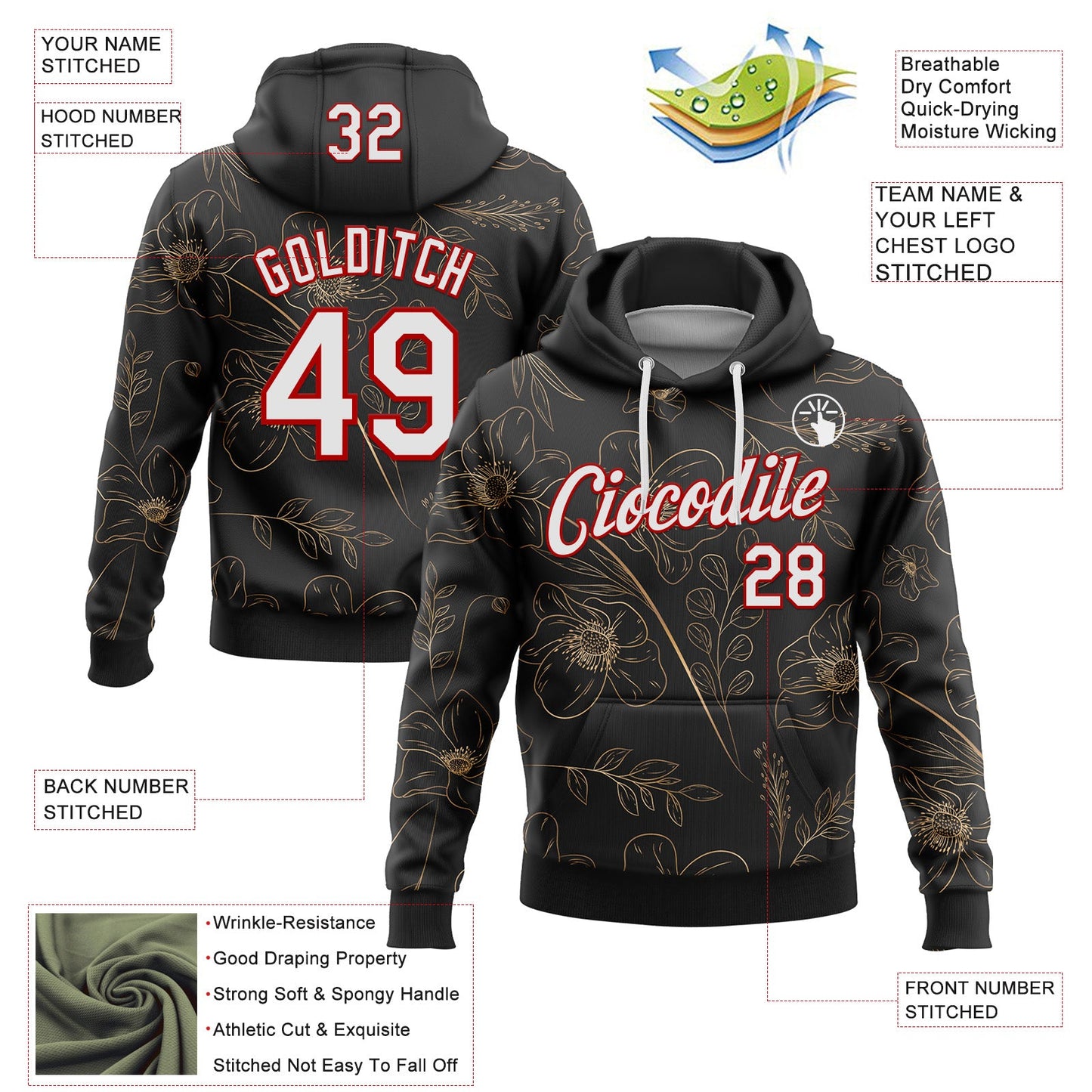 Custom Stitched Black White-Red 3D Pattern Design Golden Subtle Floral Sports Pullover Sweatshirt Hoodie
