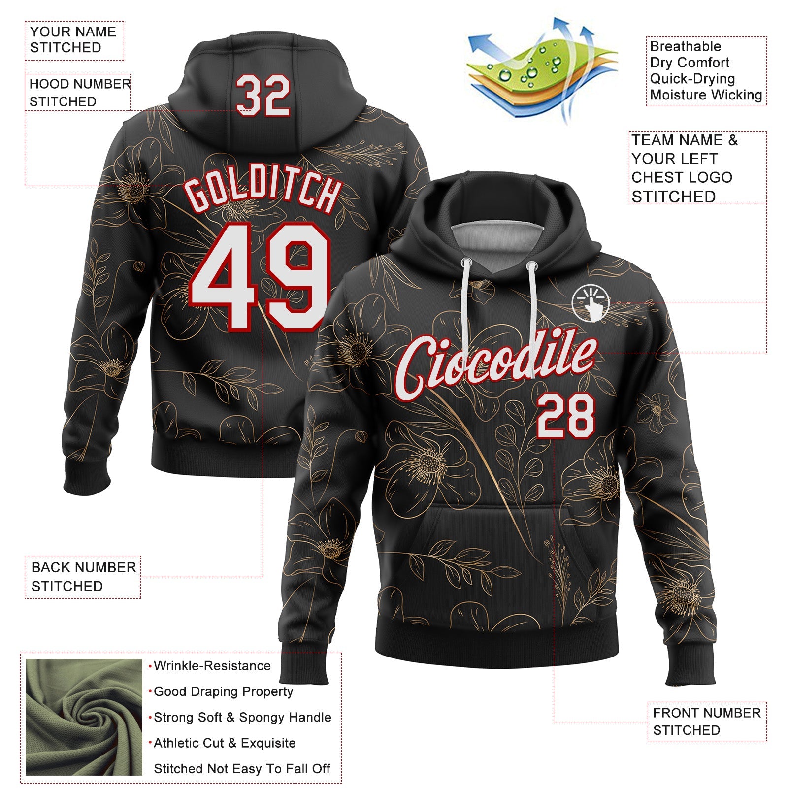 Custom Stitched Black White-Red 3D Pattern Design Golden Subtle Floral Sports Pullover Sweatshirt Hoodie