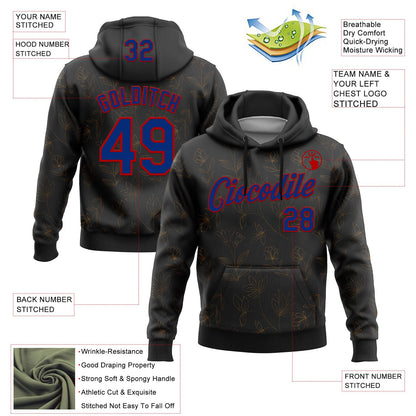 Custom Stitched Black Royal-Red 3D Pattern Design Golden Subtle Floral Sports Pullover Sweatshirt Hoodie