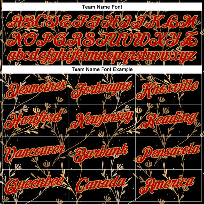 Custom Stitched Black Red-Old Gold 3D Pattern Design Golden Subtle Floral Sports Pullover Sweatshirt Hoodie
