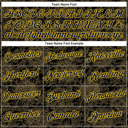 Custom Stitched Black Navy-Yellow 3D Pattern Design Golden Subtle Floral Sports Pullover Sweatshirt Hoodie