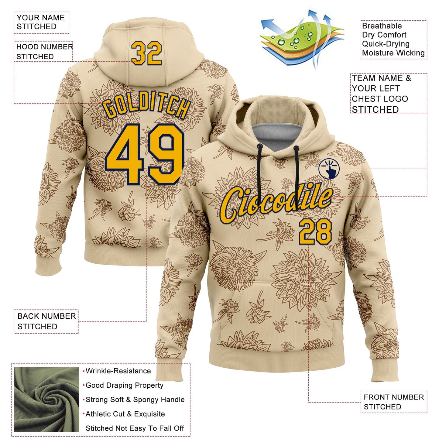 Custom Stitched City Cream Gold-Navy 3D Pattern Design Subtle Floral Sports Pullover Sweatshirt Hoodie
