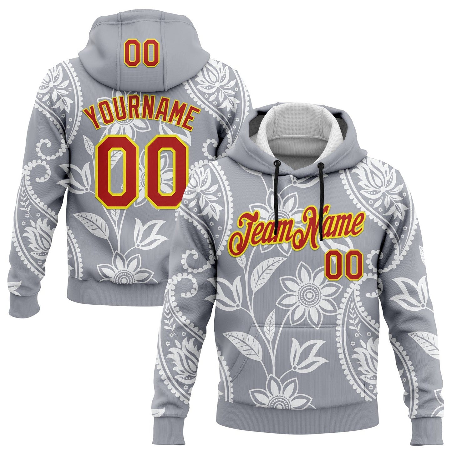 Custom Stitched Gray Red-Light Yellow 3D Pattern Design Ethnic Paisley Floral Bandana Sports Pullover Sweatshirt Hoodie