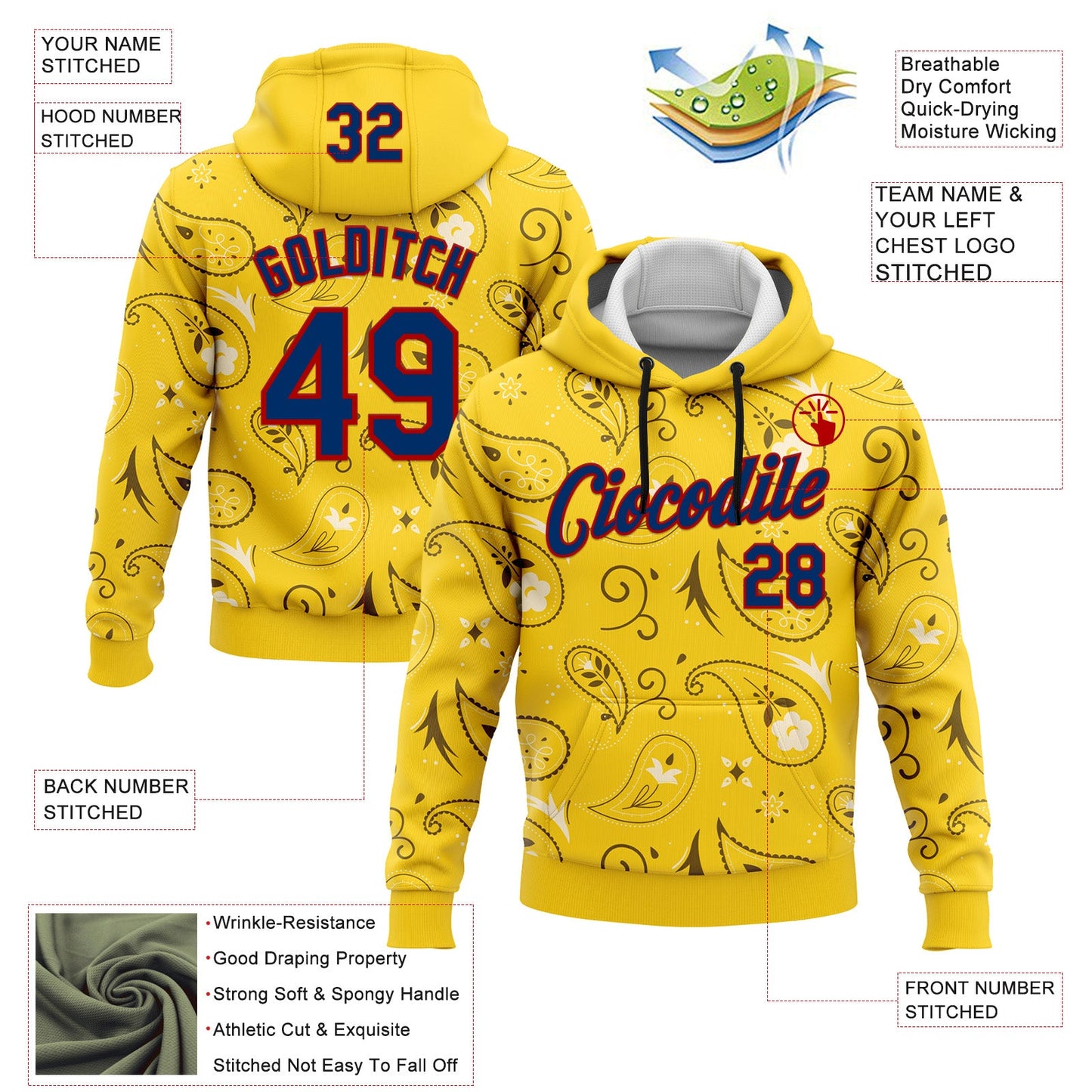 Custom Stitched Yellow US Navy Blue-Red 3D Pattern Design Ethnic Paisley Floral Bandana Sports Pullover Sweatshirt Hoodie