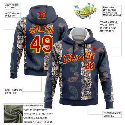 Custom Stitched Navy Red-Yellow 3D Pattern Design Ethnic Paisley Floral Bandana Sports Pullover Sweatshirt Hoodie