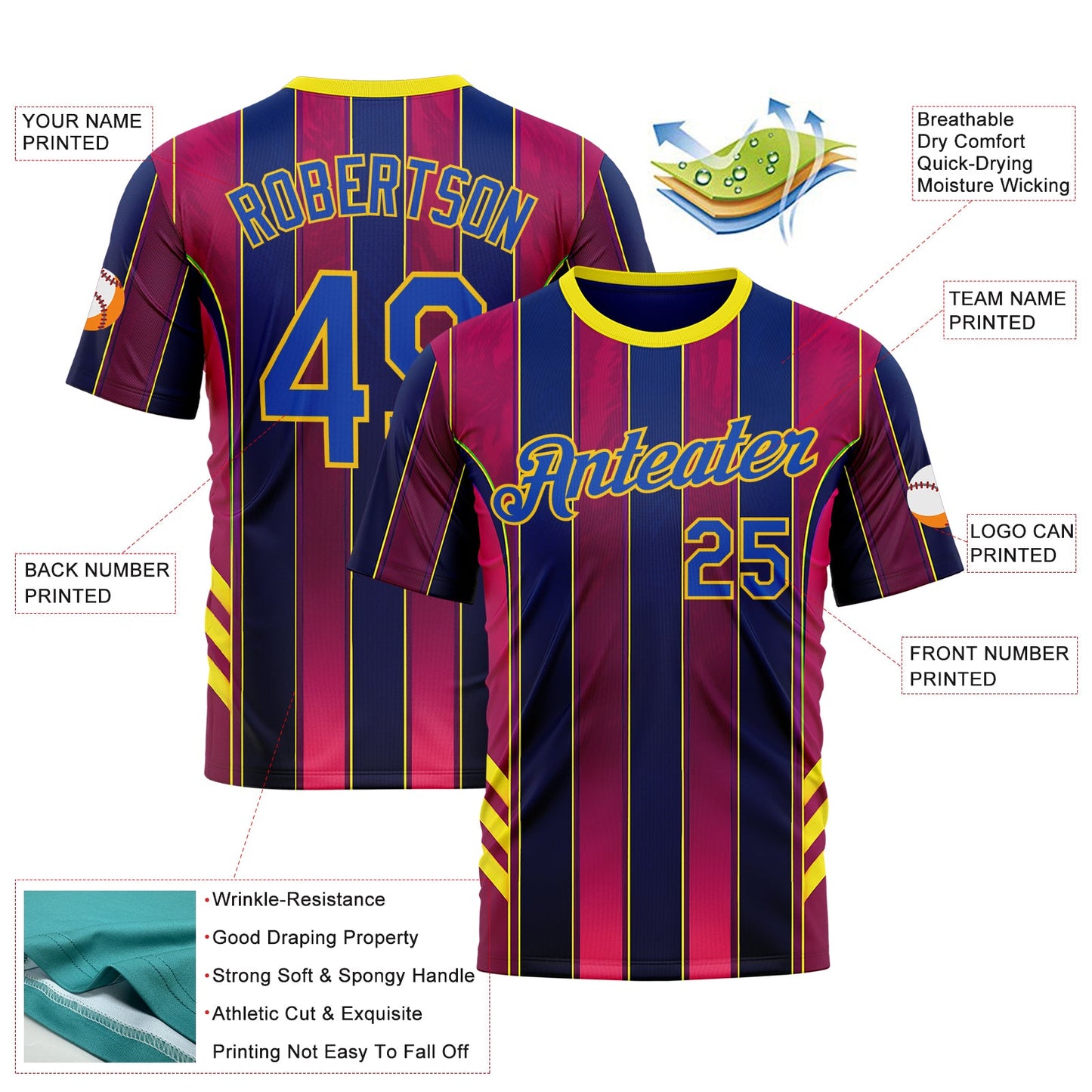 Custom Red Thunder Blue Blue-Yellow 3D Pattern Design Stripe Sportswear Performance T-Shirt