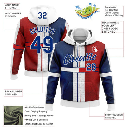 Custom Stitched White Royal Blue-Red 3D Pattern Design American Inspired Geometric Shape Sportswear Pullover Sweatshirt Hoodie